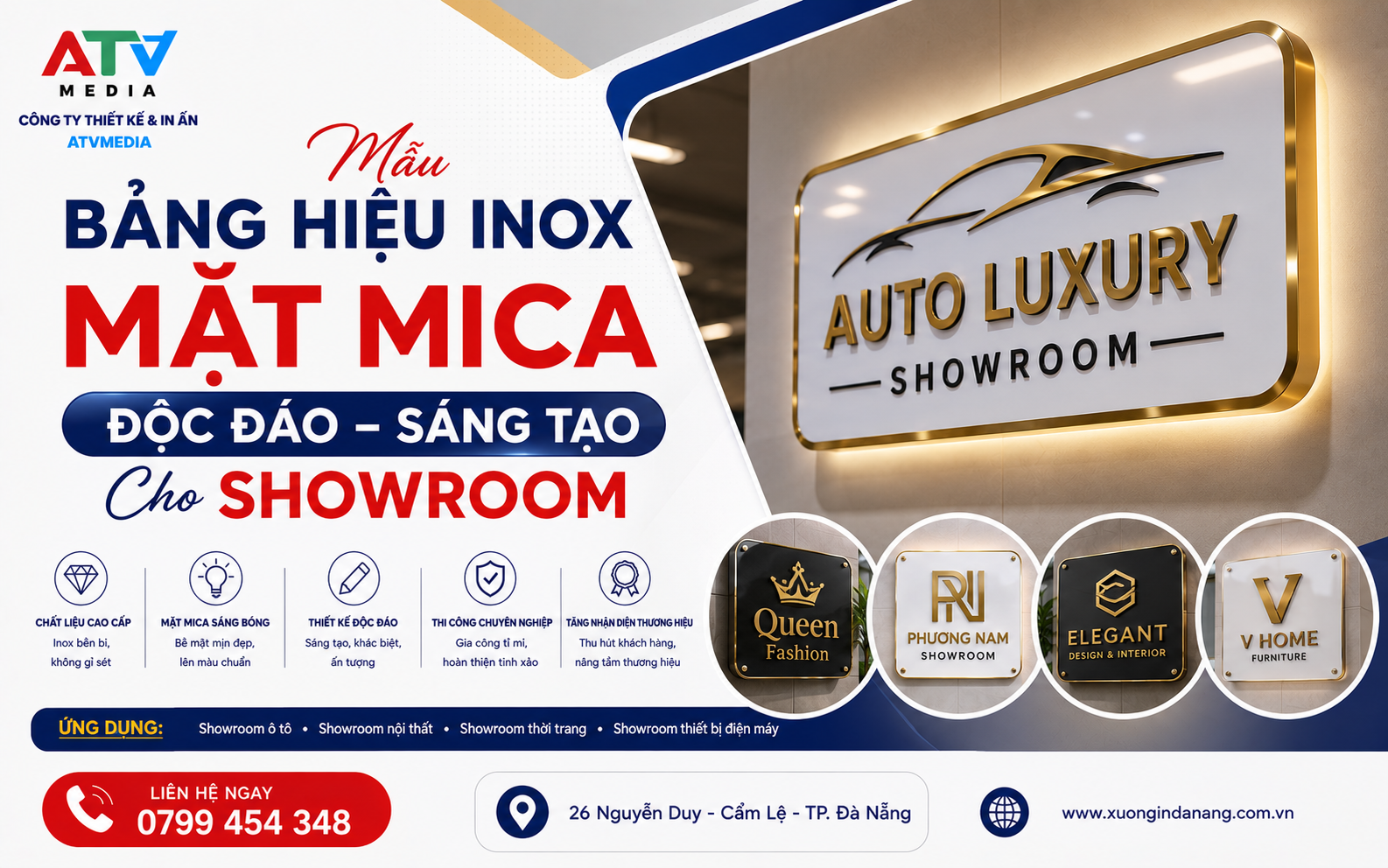 Mẫu Bảng Hiệu Inox Mặt Mica Độc Đáo Sáng Tạo Cho Showroom